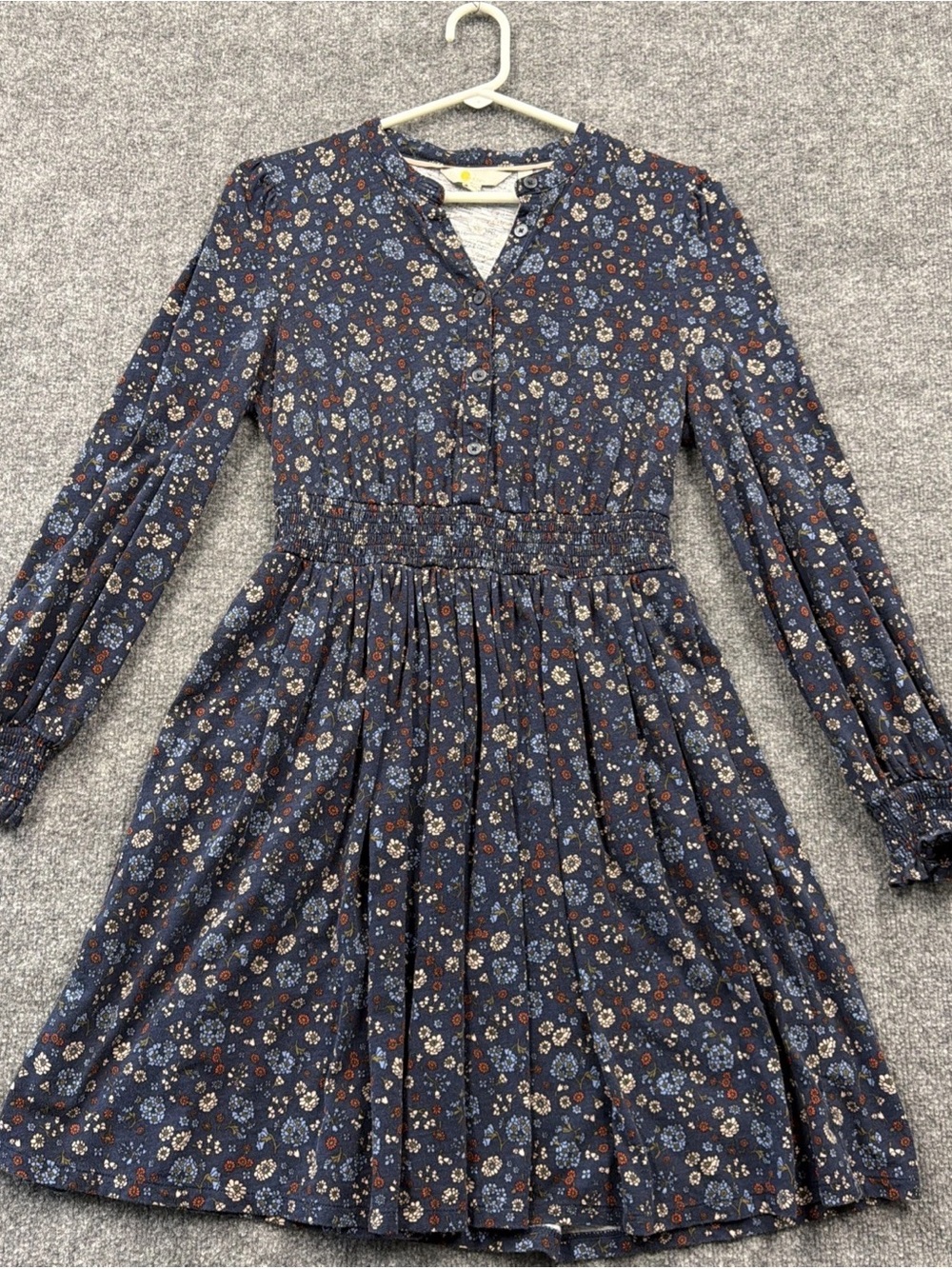 Boden Navy Floral Smocked-Waist Long Sleeve Dress with Rust & Cream Accents